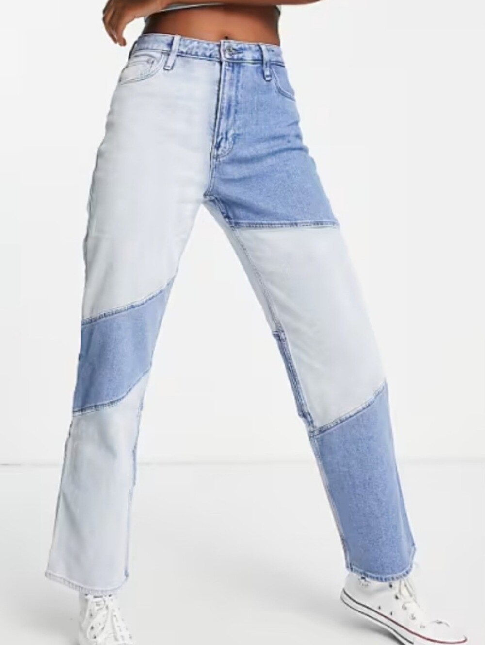 Hollister Ultra High-Rise Patchwork Dad Jeans in a Two-tone Blue Wash